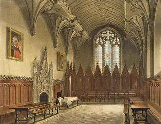 Vista interior del salón del University College, ilustración de la 